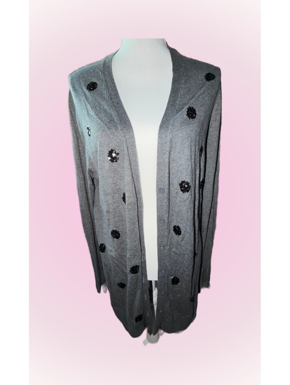 Womens XL Extra Large Gray Knit Cardigan with Black Sequin Polka Dots | Old Navy